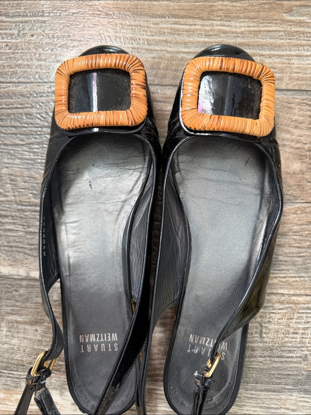 Stuart Weitzman Black Patent Slingback Flats with Tan Woven Buckle